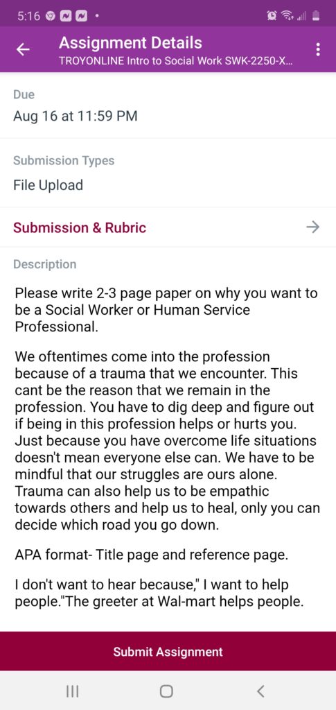 Write 2-3 page paper on why you want to be a social worker or human service professional. APA format, title page and reference 1 20200812231944screenshot 20200812 171637 canvas student