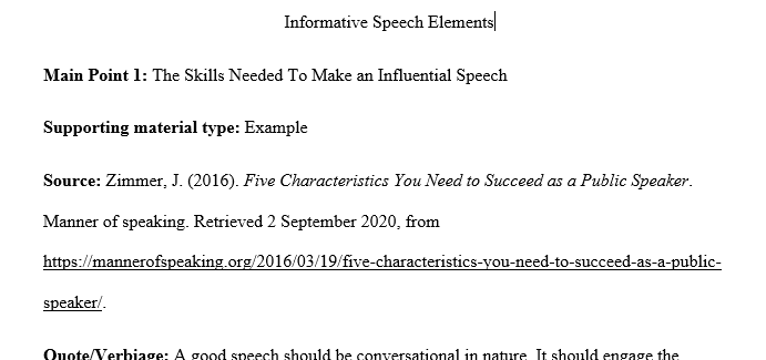 For this assignment, you will gather evidence for your informative speech as described in Chapter 12 of the textbook. You must use researched 1 Speeeee