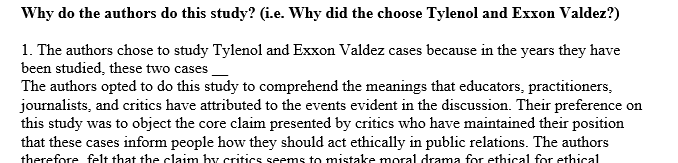 The authors chose to study Tylenol and Exxon Valdez cases because in the years they have been studied, these two cases 1 Article