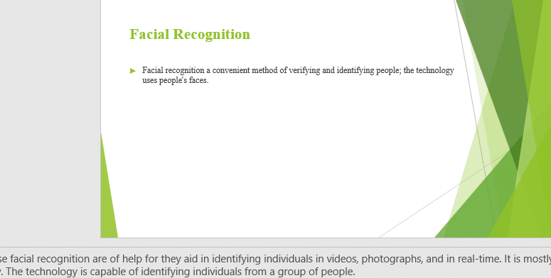 The topic is Facial Recognition and you have to list its related ethical issues. Why' they're beneficial. The Assignment requires 2-3 slides 1 Facial
