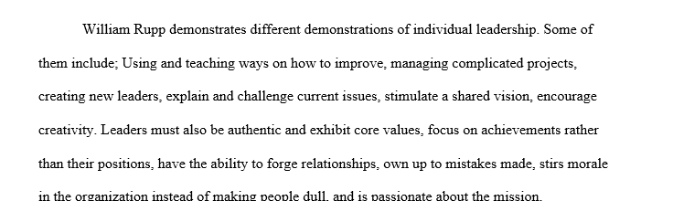 What aspects of individual leadership (Being and doing) does William Rupp demonstrate?2. Examine Exhibit 14.1 and describe the elements of 1 Modell