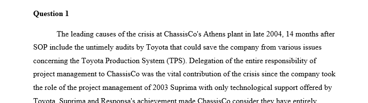 What are the main contributors (causes) of the crisis at ChassisCo’s Athens plant in late 2004 (14 months after SOP)? 1 Toyota