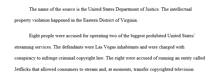 Research current events depicting intellectual property violations. Provide the name of your source Provide an overview of the issue at hand 1 Violation