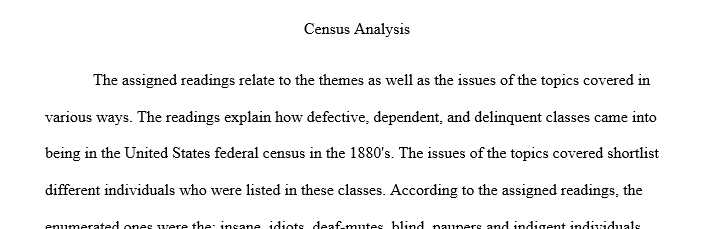 How do the assigned readings relate to the themes and issues of the topics covered? Explain. 2) What claims do the authors make? 1 census