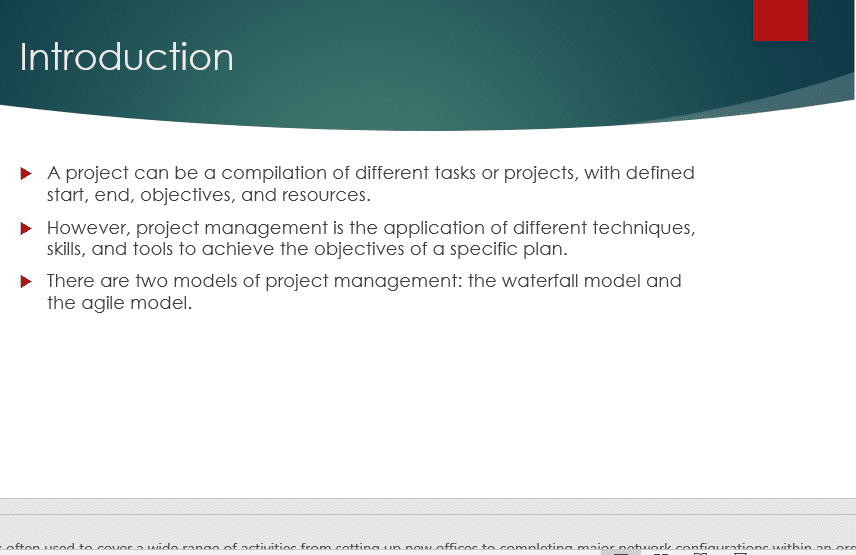 Develop a PowerPoint presentation of 7 slides that includes the following: Explain the value that each selected project management model 1 pm