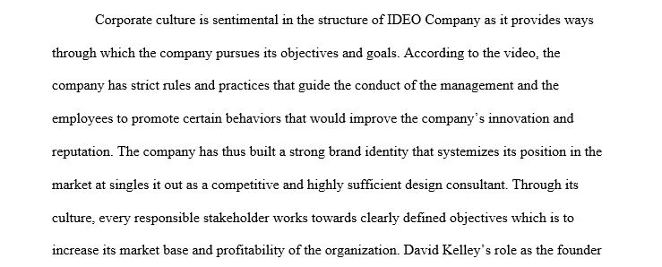Discuss with your classmates the importance of corporate culture at IDEO. What is David Kelley's role? Use your course theory. what can you