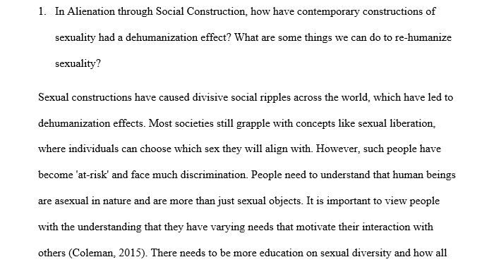 In Alienation through Social Construction, how have contemporary constructions of sexuality had a de-humanization effect? What are