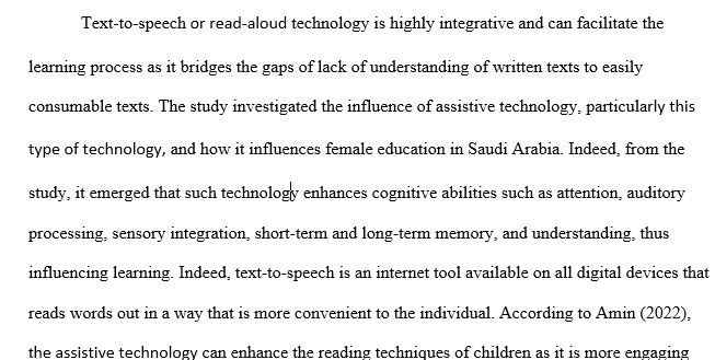 literature review on the impact of assistive technology, specifically text-to speech (TTS) software on Saudi female students’ reading