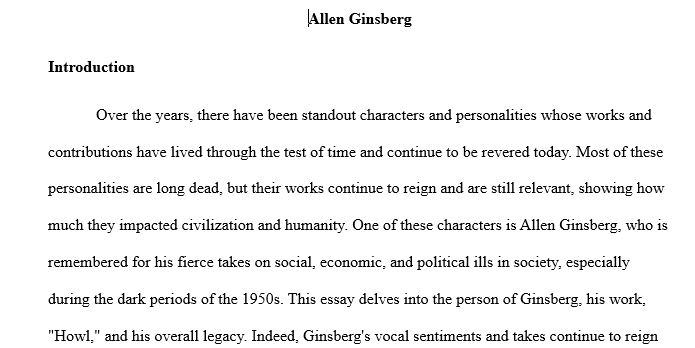 Write an essay with sections on Allen Ginsberg, “Howl” (1956)Allen Ginsberg’s poem “Howl” (first published as the title poem of a collection)