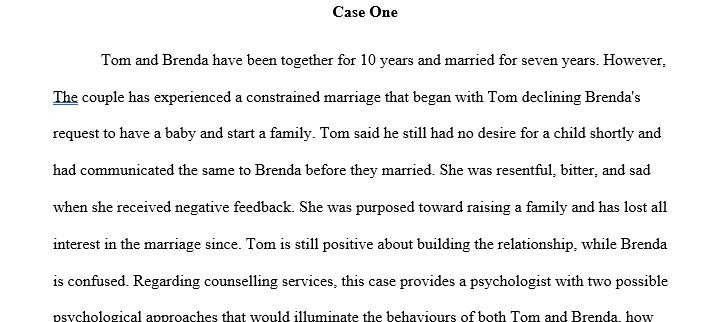 Discuss how a therapist might utilize two (2) of the following approaches with Brenda and Tom: Psychodynamic, Cognitive Behavioral