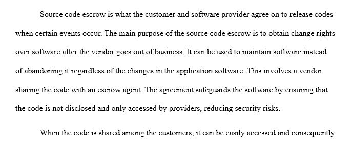 For your initial post, describe source code escrow in your own words. Then describe how source code escrow is used to reduce security risks