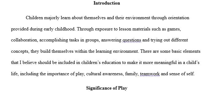 Write five statements on your personal beliefs or ideology on early childhood education. Among those five statements, the following two