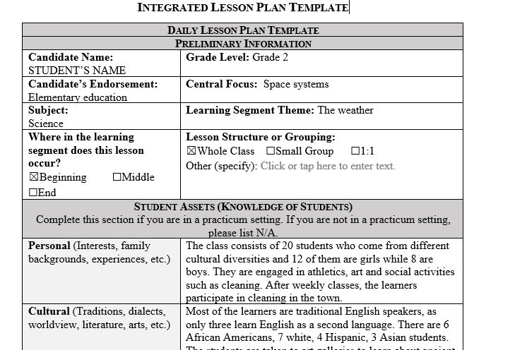 When you are ready to write your integrated lesson plan, use the provided Integrated Lesson Plan Template to develop an extensive and