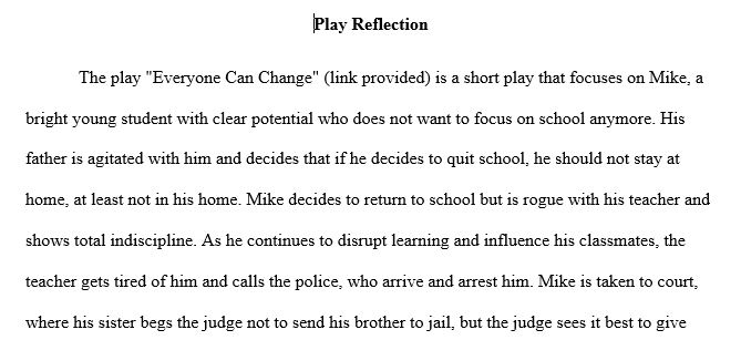 personal reflection on a play of your choice. Please include the name of the play. if you could place a link to the play at the bottom of