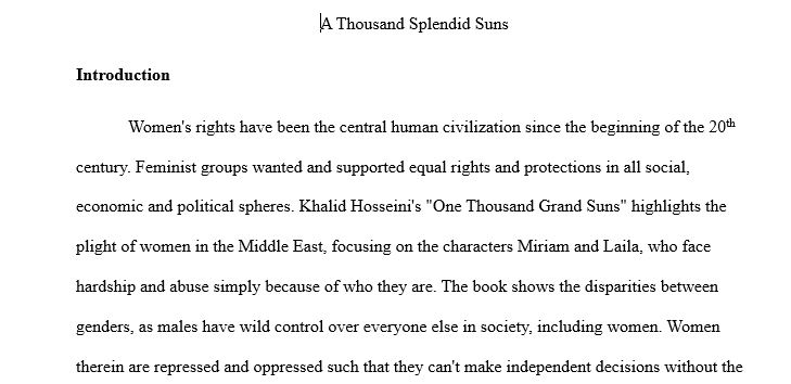 A  essay about the theme of women's rights in the book A Thousand Splendid Suns the format needs to be Introductory Paragraph1. Hook