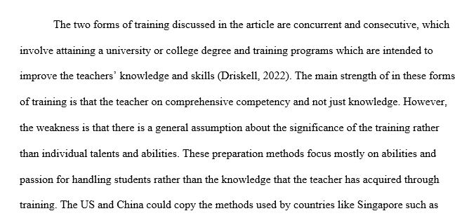 What are the concurrent and consecutive methods of teacher training? What are their strengths and weaknesses? What do you think are some of