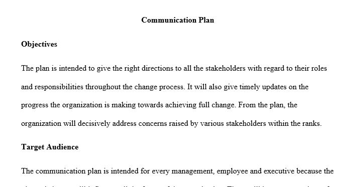 Create a communication plan as a change leader to help manage communication about the organizational change identified in the Organizational