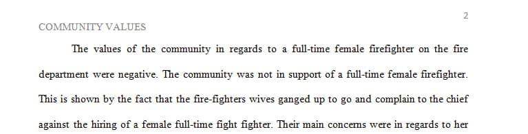 The impact of community values on the recruitment and hiring of a woman firefighter